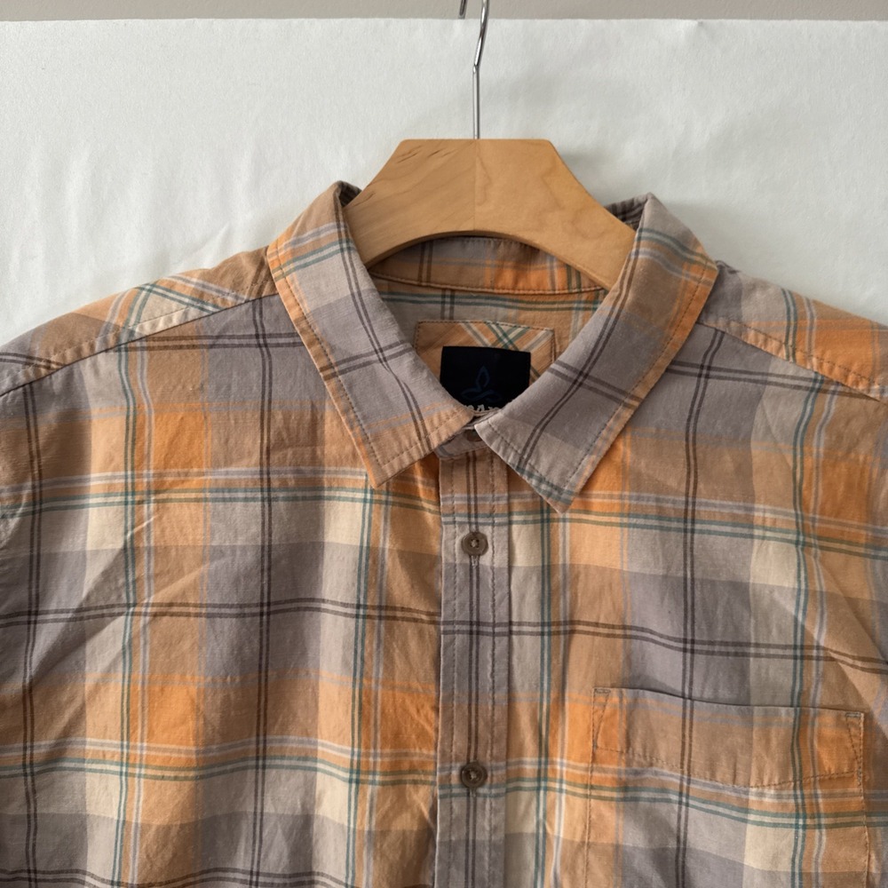 prAna Breathe Men's XL Orange Plaid Short Sleeve Button Up